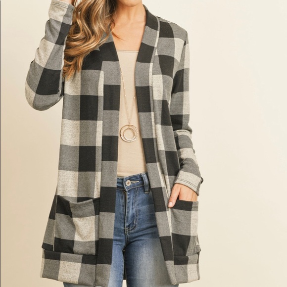 Sweaters - Black Plaid Open Front Cardigan